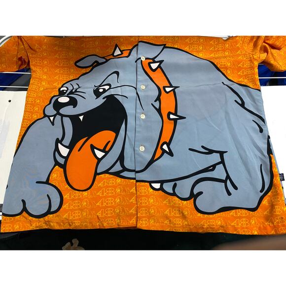 Vintage 90’s Y2K 48 Jeans USA 2XL Bulldog Orange Factory Button Shirt - Picture 7 of 9